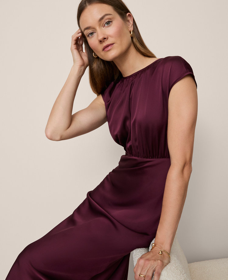 Gathered Satin Midi Dress