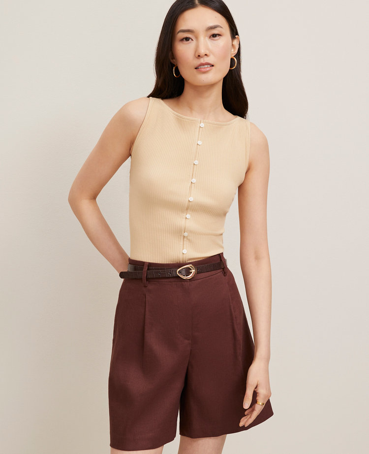 Petite Ribbed Sleeveless Button Top