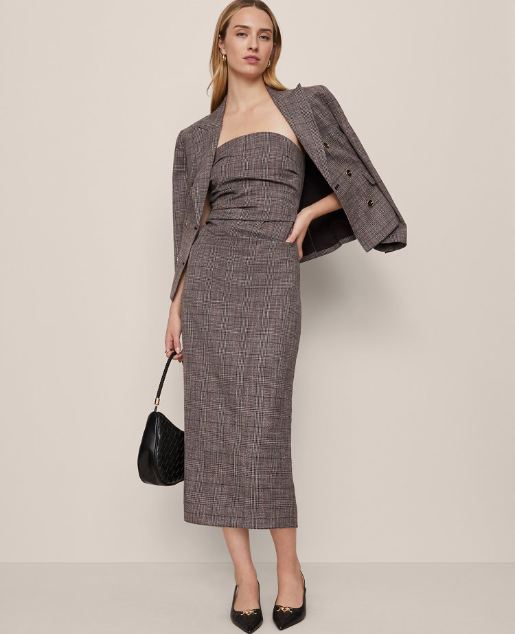 Gathered Strapless Midi Dress in Plaid