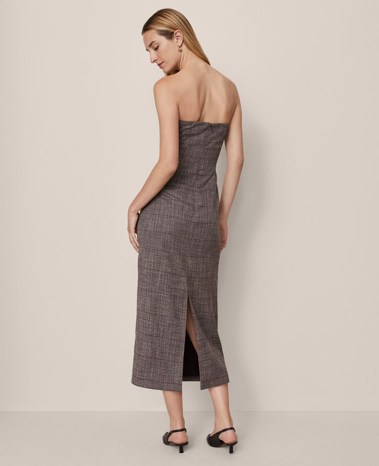 Gathered Strapless Midi Dress in Plaid