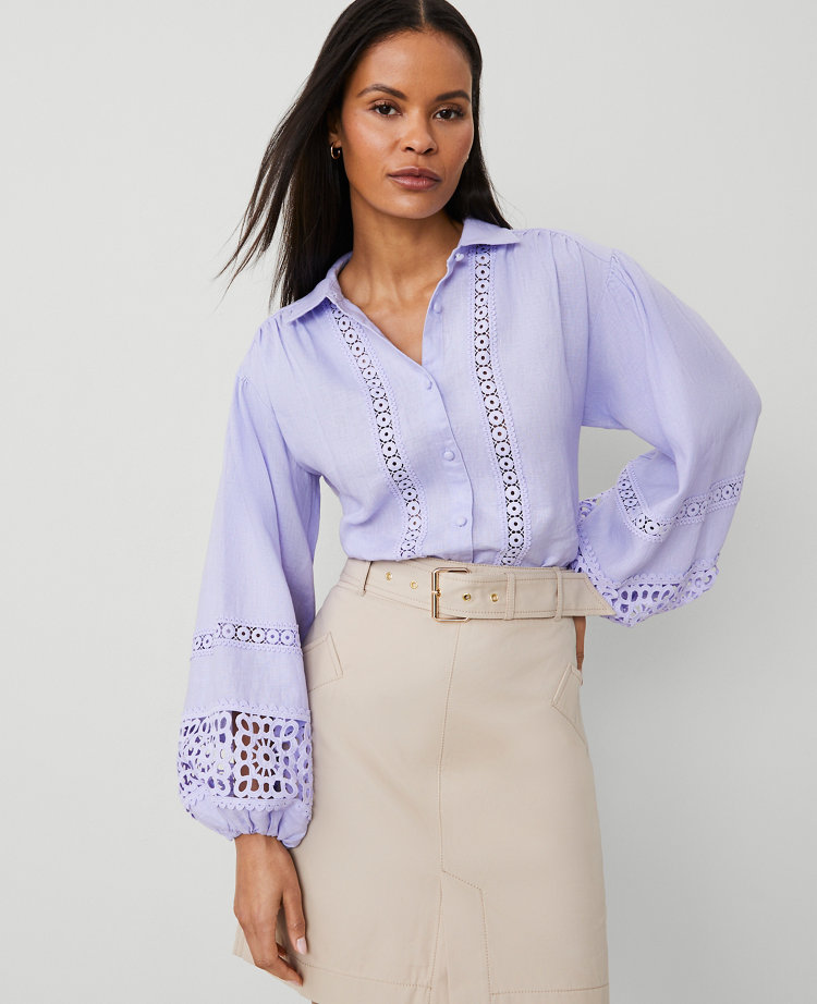 Petite Embroidered Linen Puff Sleeve Blouse