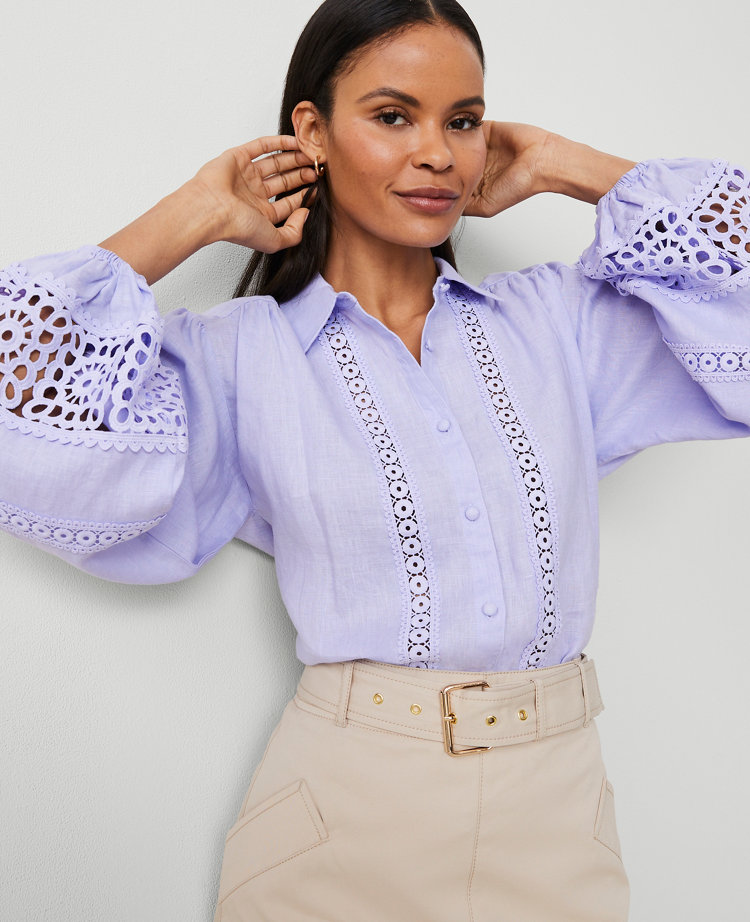 Petite Embroidered Linen Puff Sleeve Blouse