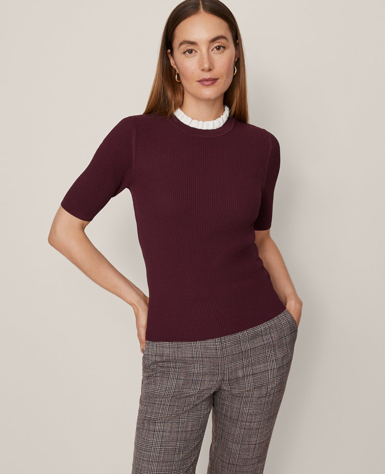 Ruffle Neck Ribbed Sweater