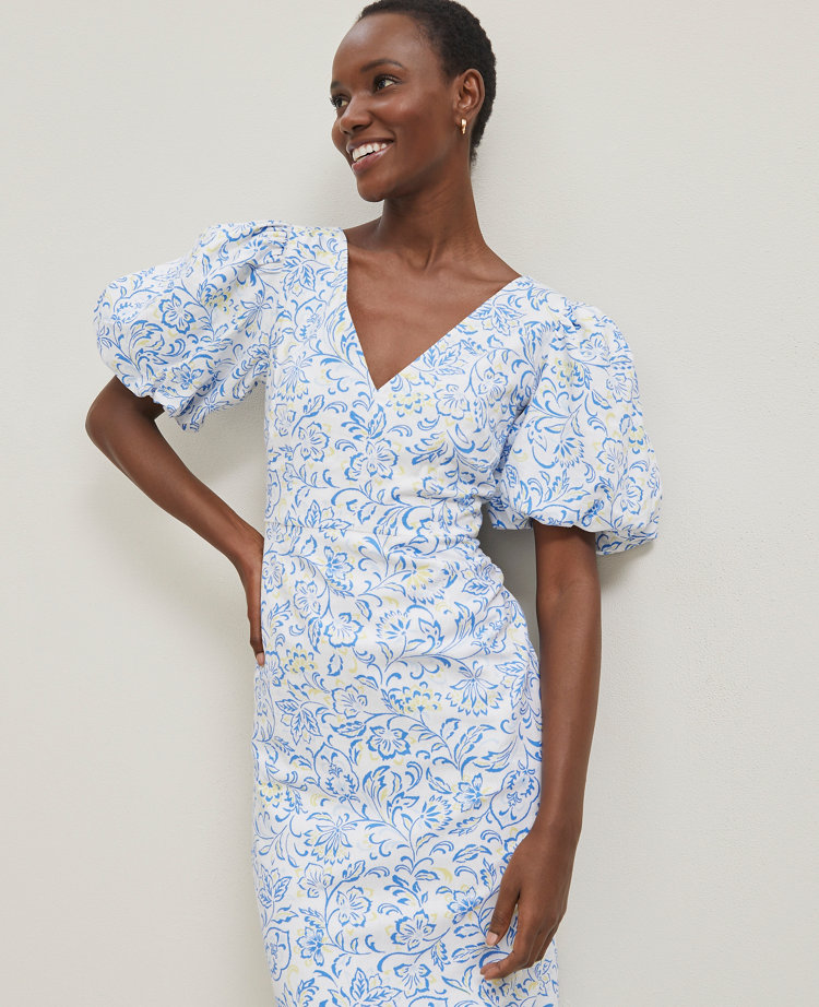 Petite Floral Linen Blend Puff Sleeve Sheath Dress