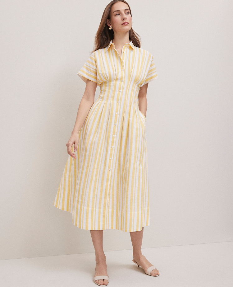 Weekend Collection Striped Pleated Midi Pocket Shirtdress