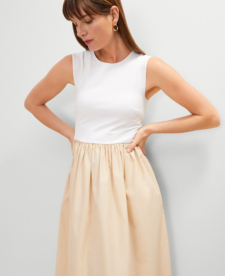 Petite V-Neck Mixed Media Flare Dress