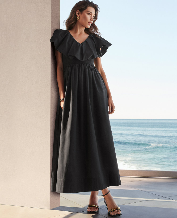Petite Ruffle Collar Maxi Flare Dress