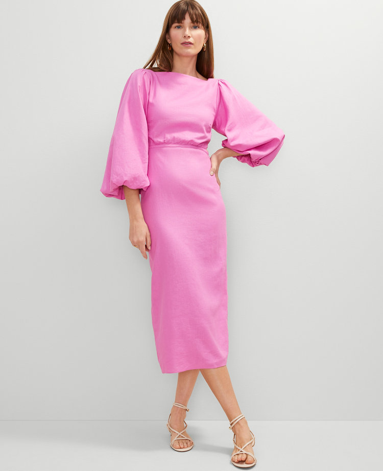 Petite Linen Blend Puff Sleeve Midi Dress