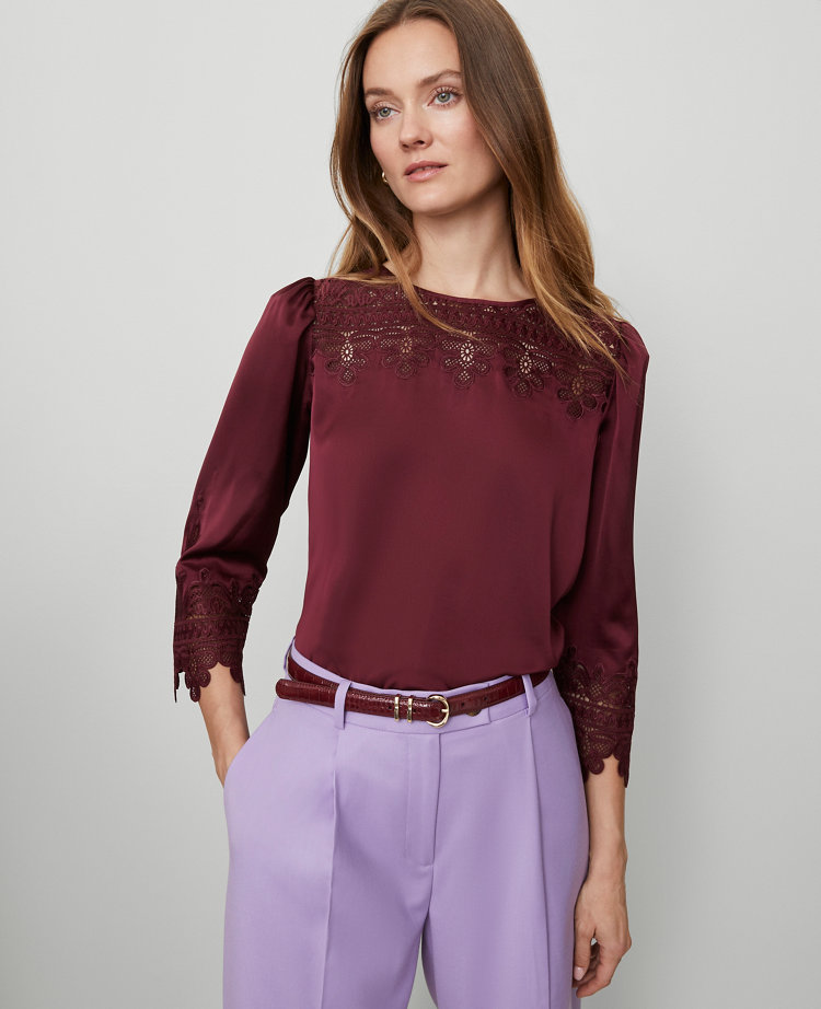 Ann Taylor Satin Lace Trim Top Windsor Wine Women's