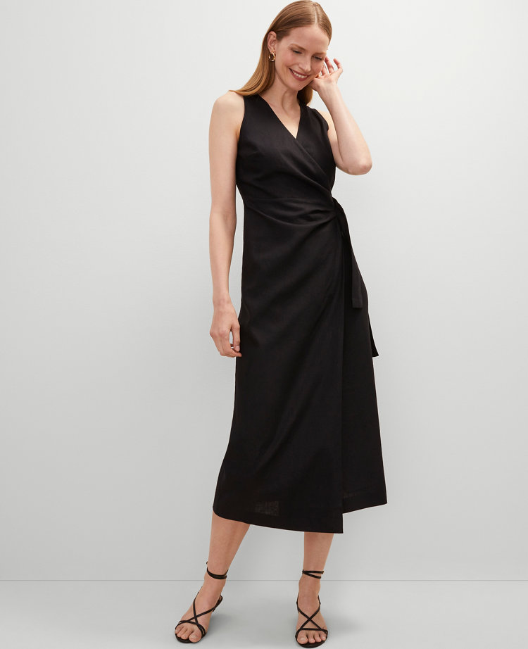 Petite Linen Blend V-Neck Wrap Dress
