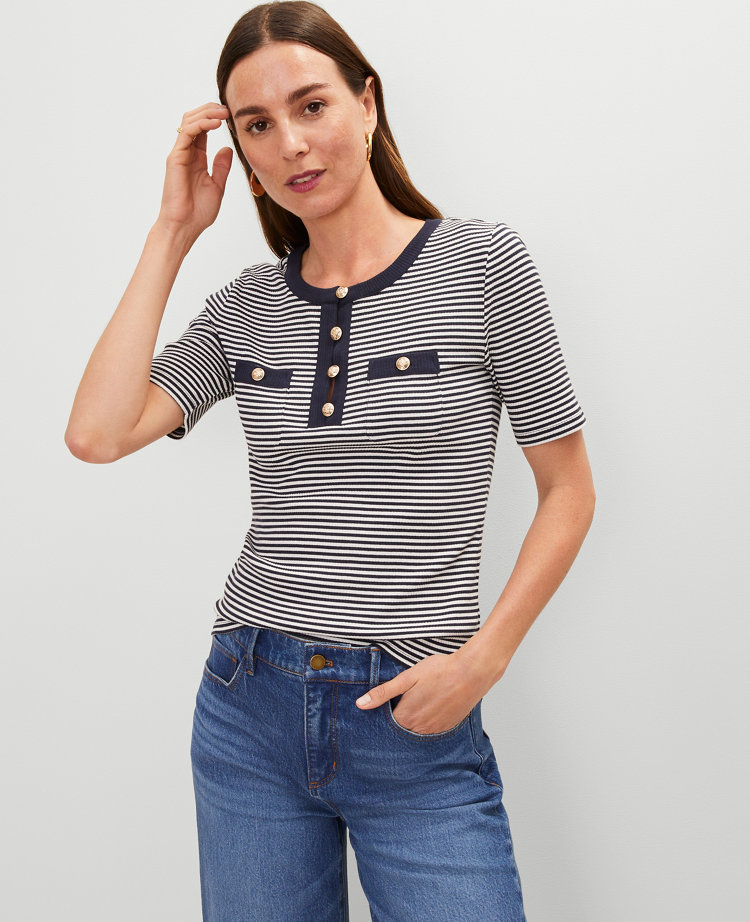 Petite Striped Contrast Trim Henley Top