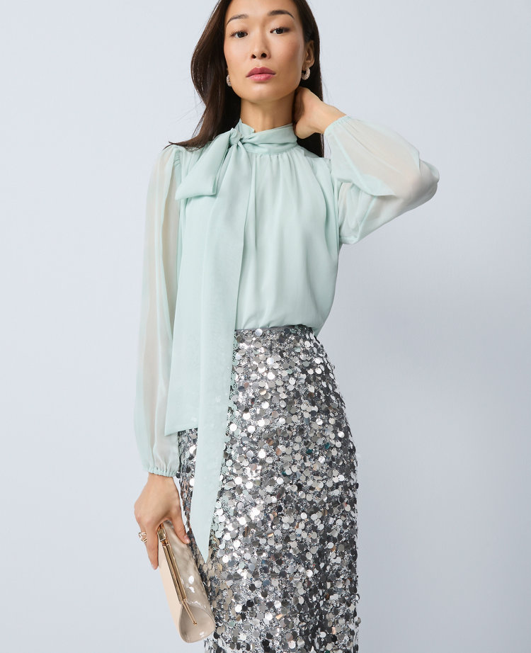 Ann Taylor Tie Neck Blouse In Blue