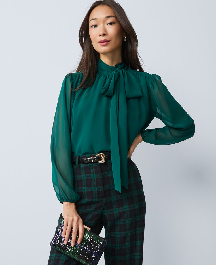 Ann Taylor Tie Neck Blouse In Green