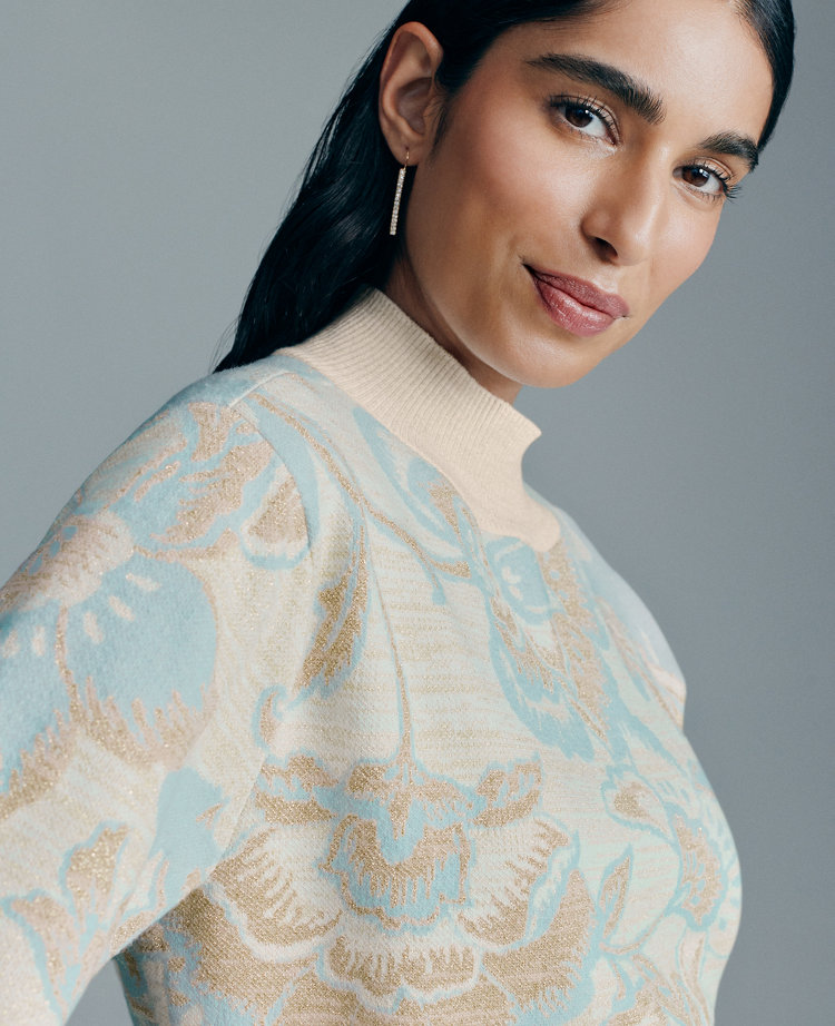 Ann Taylor Shimmer Floral Jacquard Sweater T-Shirt Aqua Steam Women's