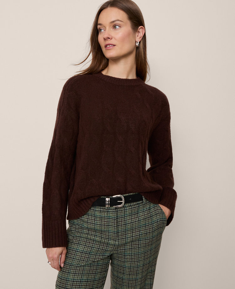 Ann Taylor Cable Crew Neck Sweater In Brown