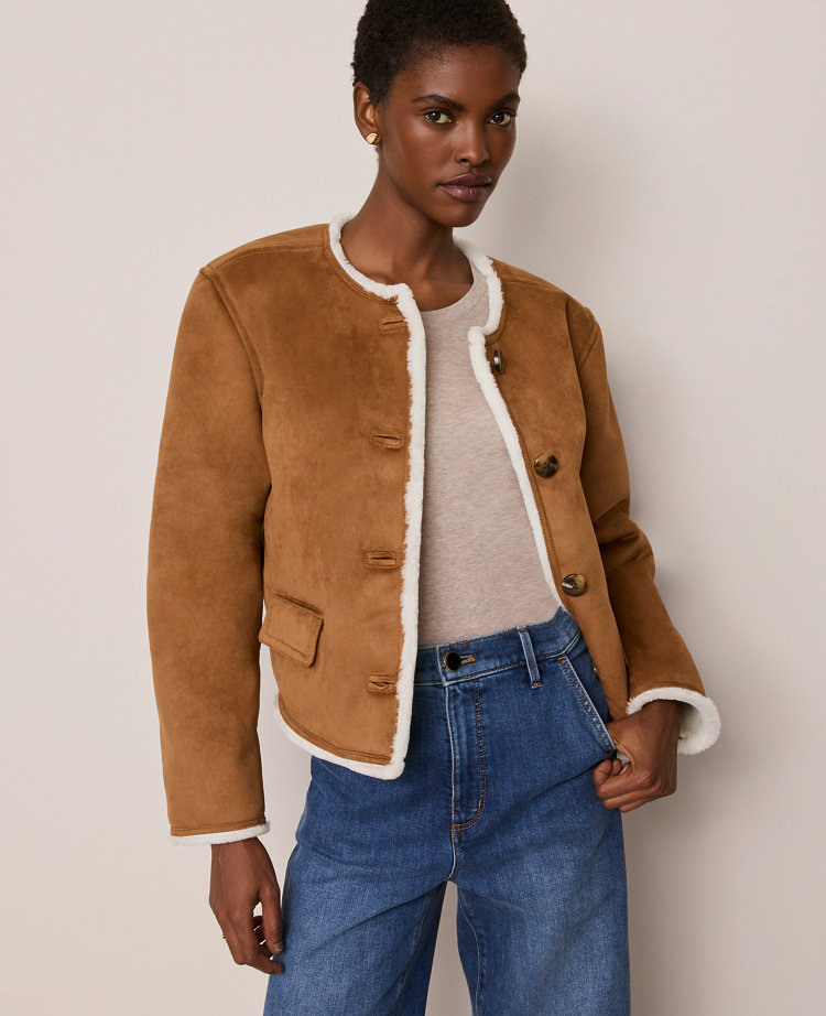 Faux Suede Crew Neck Jacket