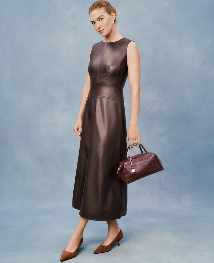 Faux Leather Flare Midi Dress