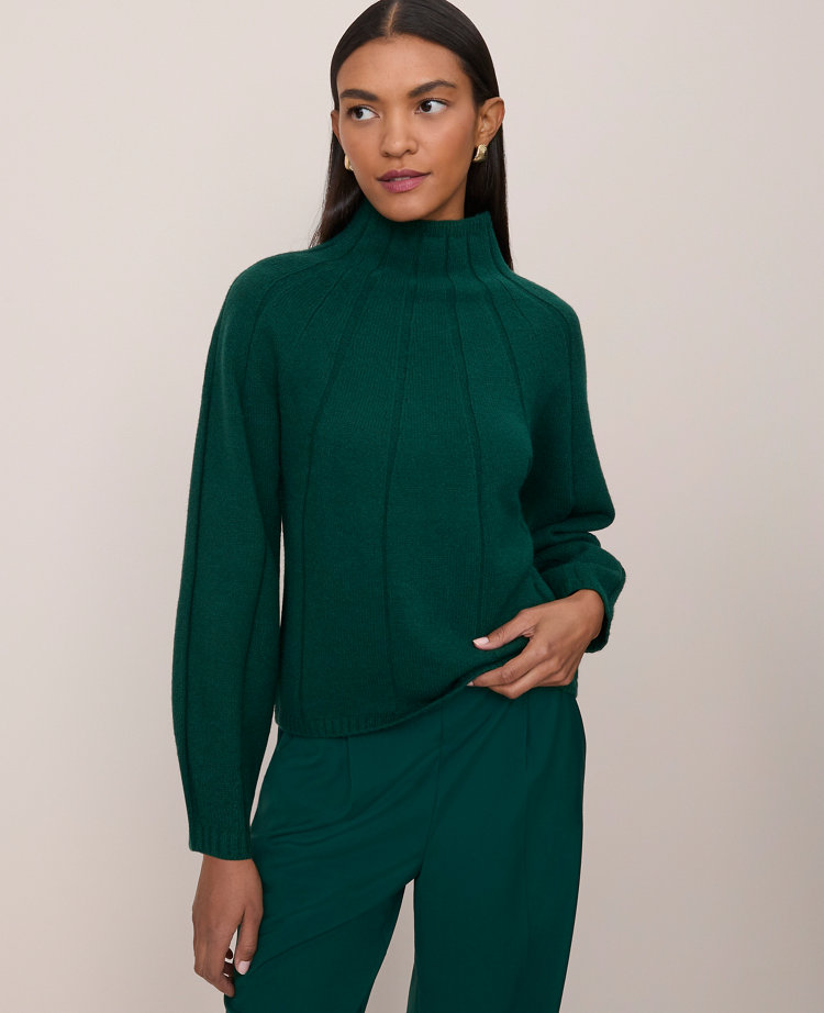 Ann Taylor Contrast Stitch Turtleneck Sweater In Green