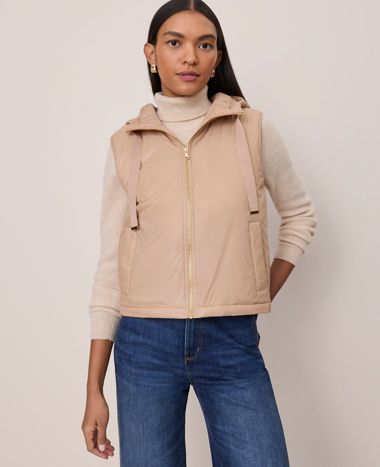 Ann Taylor Petite Hooded Puffer Vest In Brown