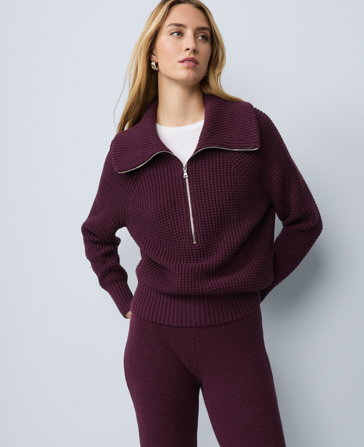 Ann Taylor Weekend Collection Half-zip Waffle Sweater In Pink