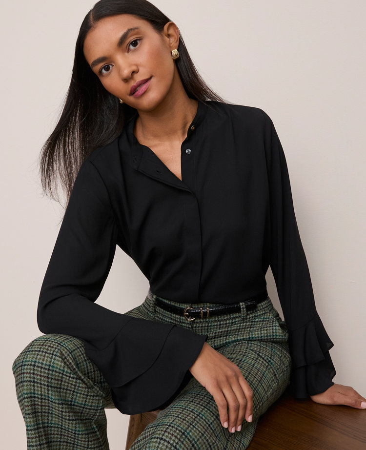 Ann Taylor Petite Bell Sleeve Blouse In Black
