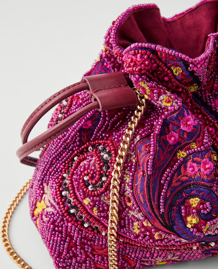 Ann Taylor Beaded Paisley Drawstring Clutch Handbag Poised Plum Women's