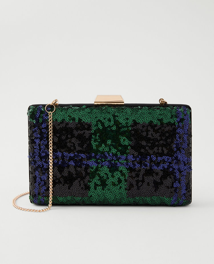 Ann Taylor Sequin Tartan Hard Clutch In Green