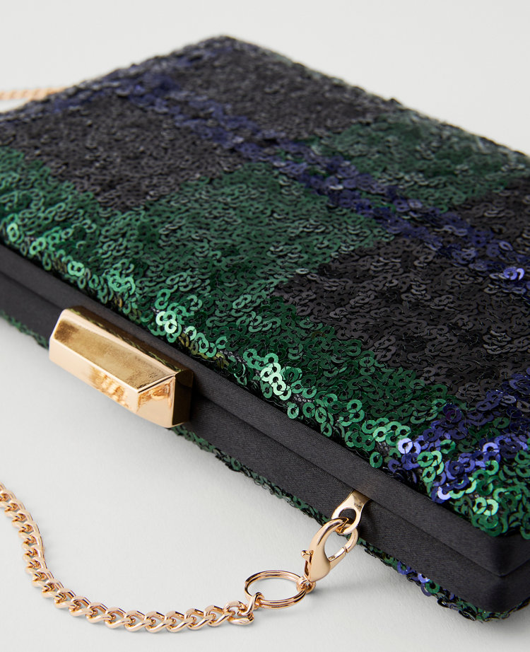 Ann Taylor Sequin Tartan Hard Clutch In Green