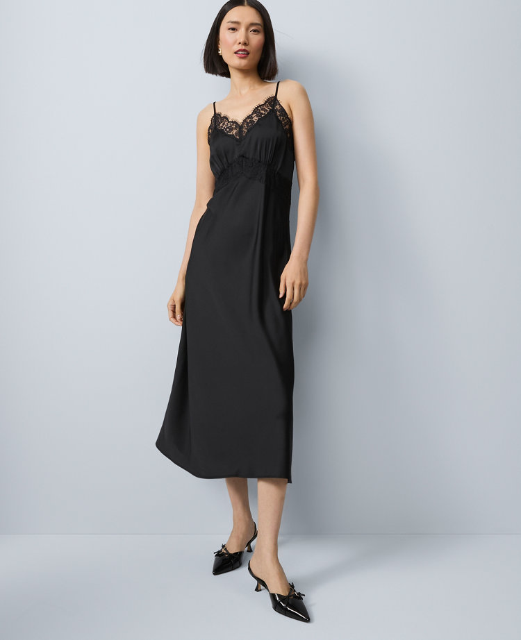 Petite Lace Trim Satin Slip Midi Dress