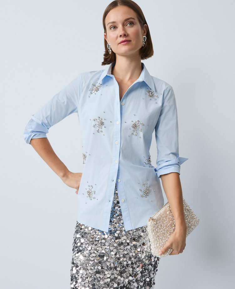 Ann Taylor Embellished Relaxed Perfect Shirt In Blue