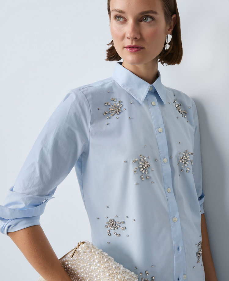 Ann Taylor Embellished Relaxed Perfect Shirt In Blue
