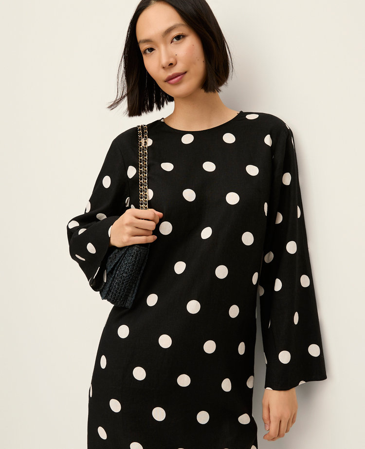 Dotted Linen Blend Shift Dress
