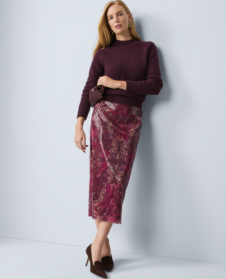 Petite Sequin Paisley Column Midi Skirt