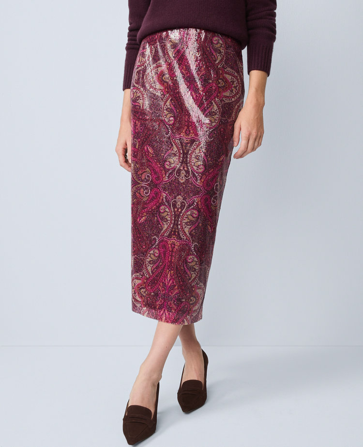 Petite Sequin Paisley Column Midi Skirt