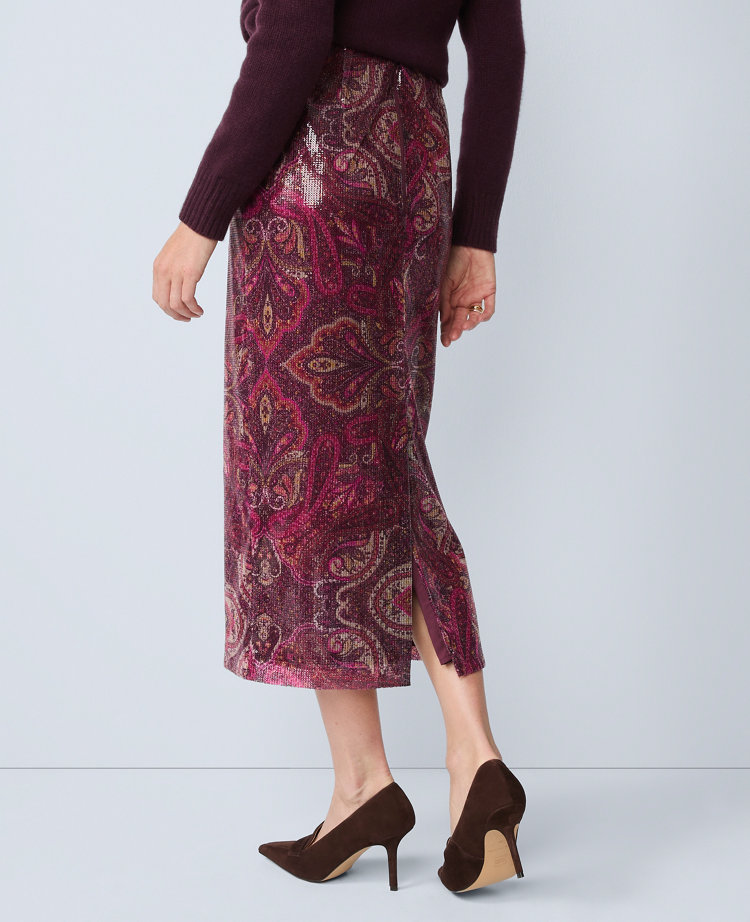 Petite Sequin Paisley Column Midi Skirt