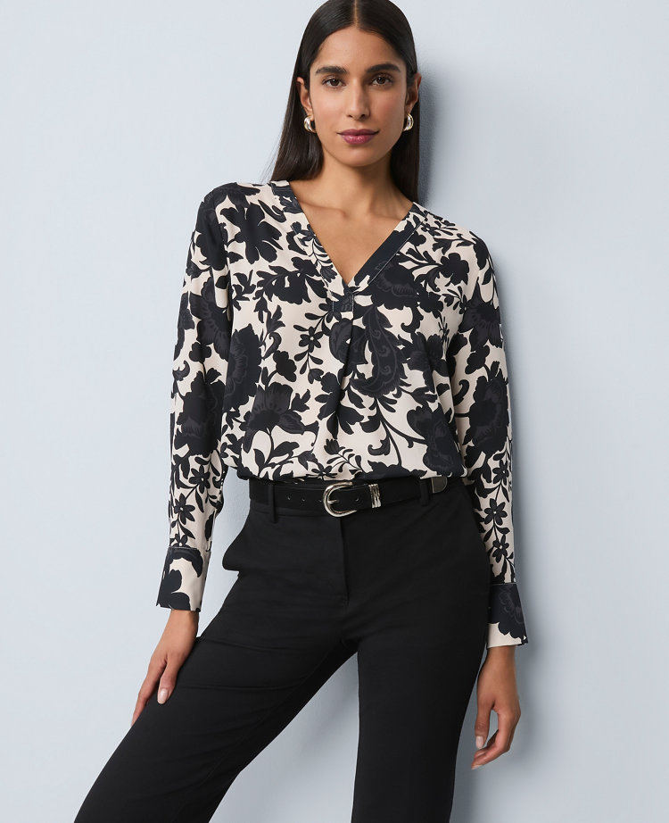 Ann Taylor Floral Mixed Media Top In Black