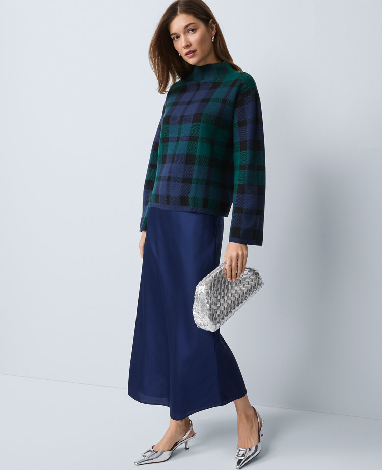 Ann Taylor Plaid Mock Neck Sweater In Green