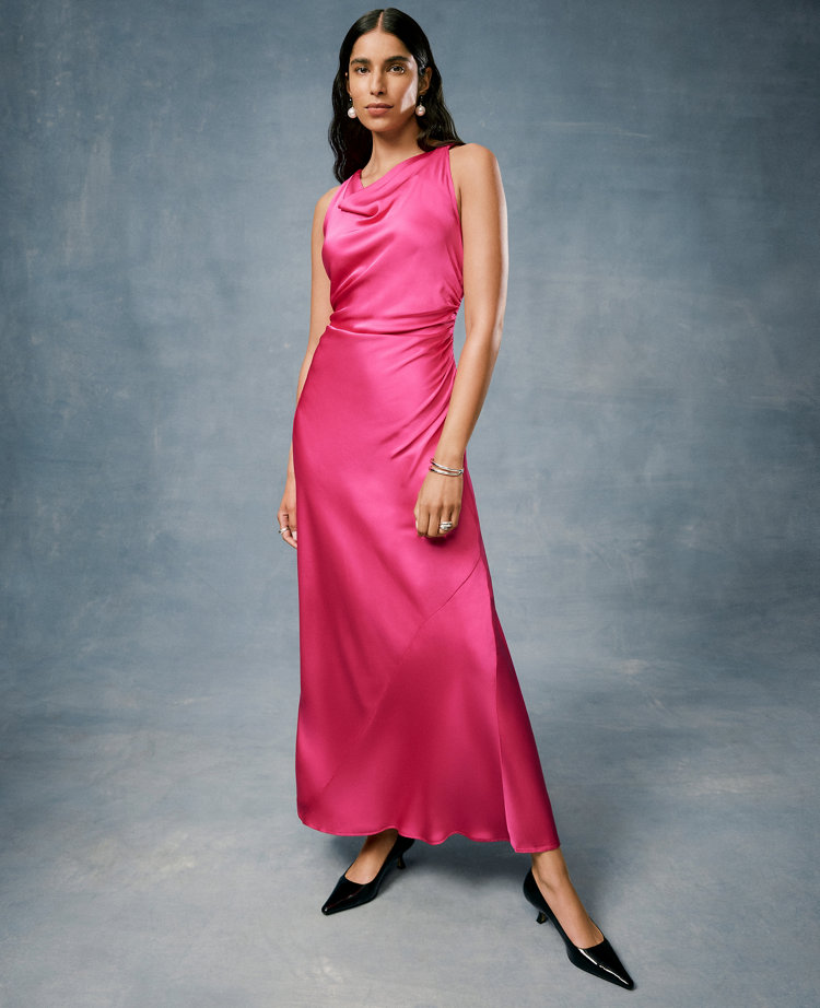 Petite Halter Bias Satin Maxi Dress