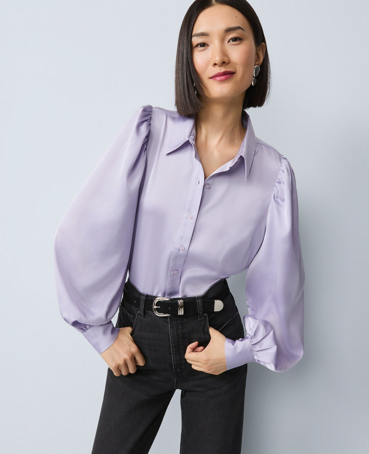 Ann Taylor Petite Satin Blouson Sleeve Blouse In Blue