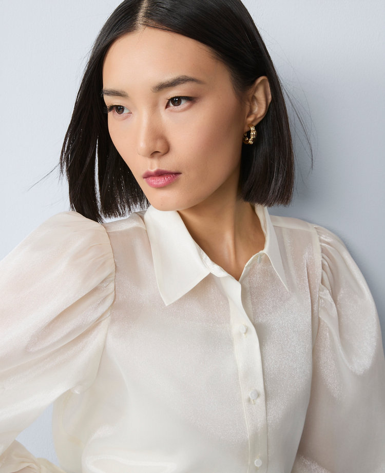 Petite Collared Shirred Yoke Button Down Shirt