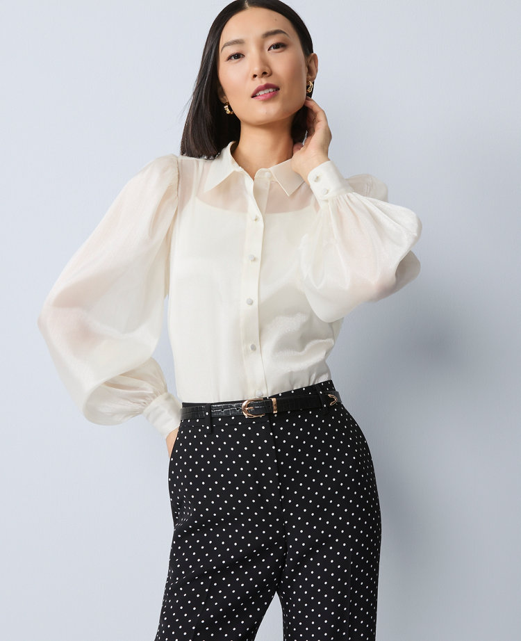 Petite Collared Shirred Yoke Button Down Shirt