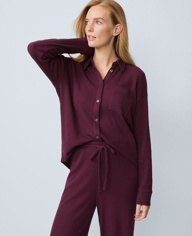 Ann Taylor Waffle Button Down Lounge Top In Purple