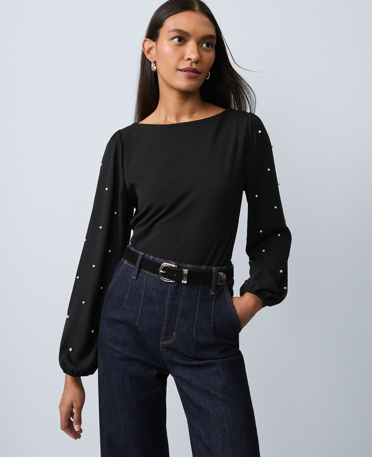 Mixed Media Embellished-Sleeve Top