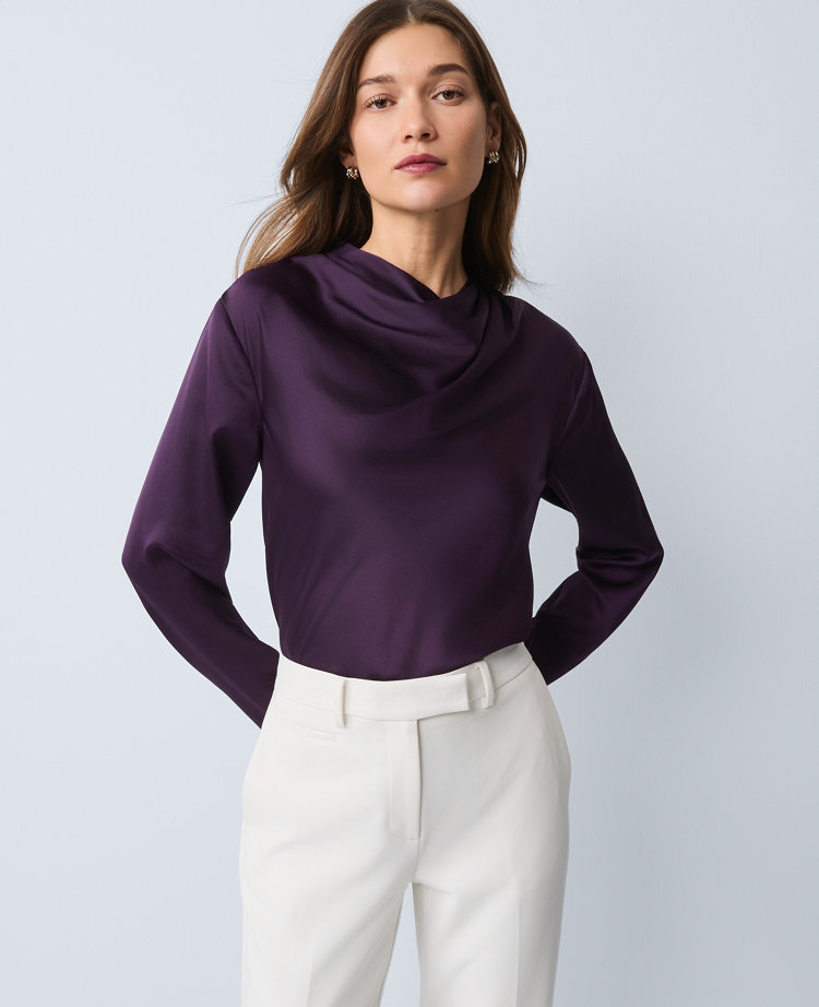 Ann Taylor Petite Asymmetric Satin Top In Purple