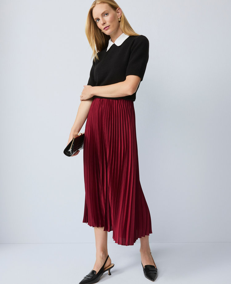 Petite Satin Pleated Midi Skirt
