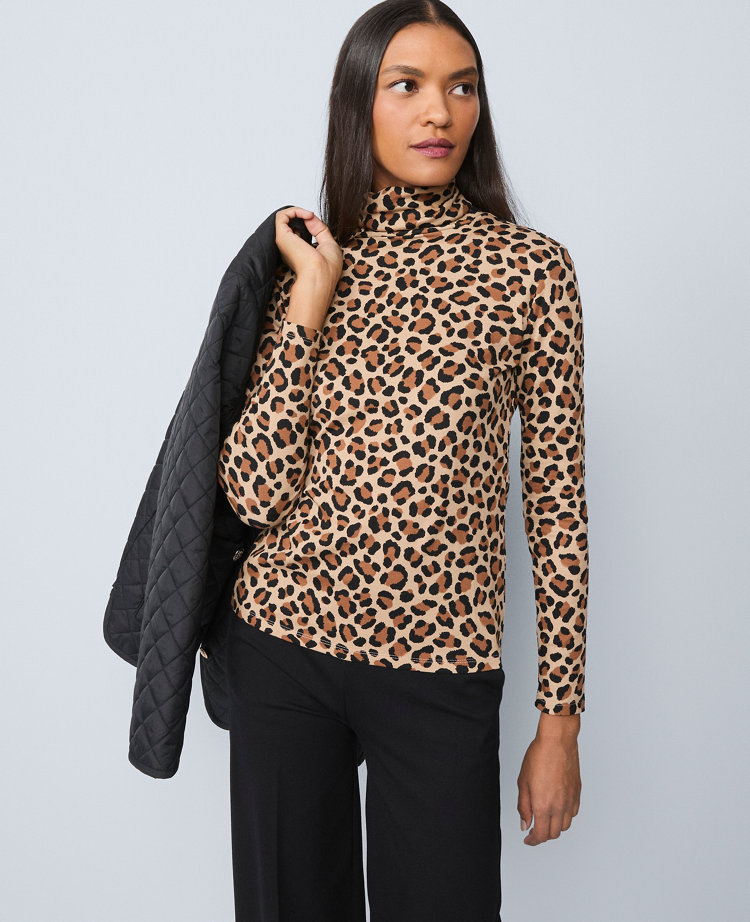 Ann Taylor Weekend Collection Animal Print Turtleneck Top In Brown