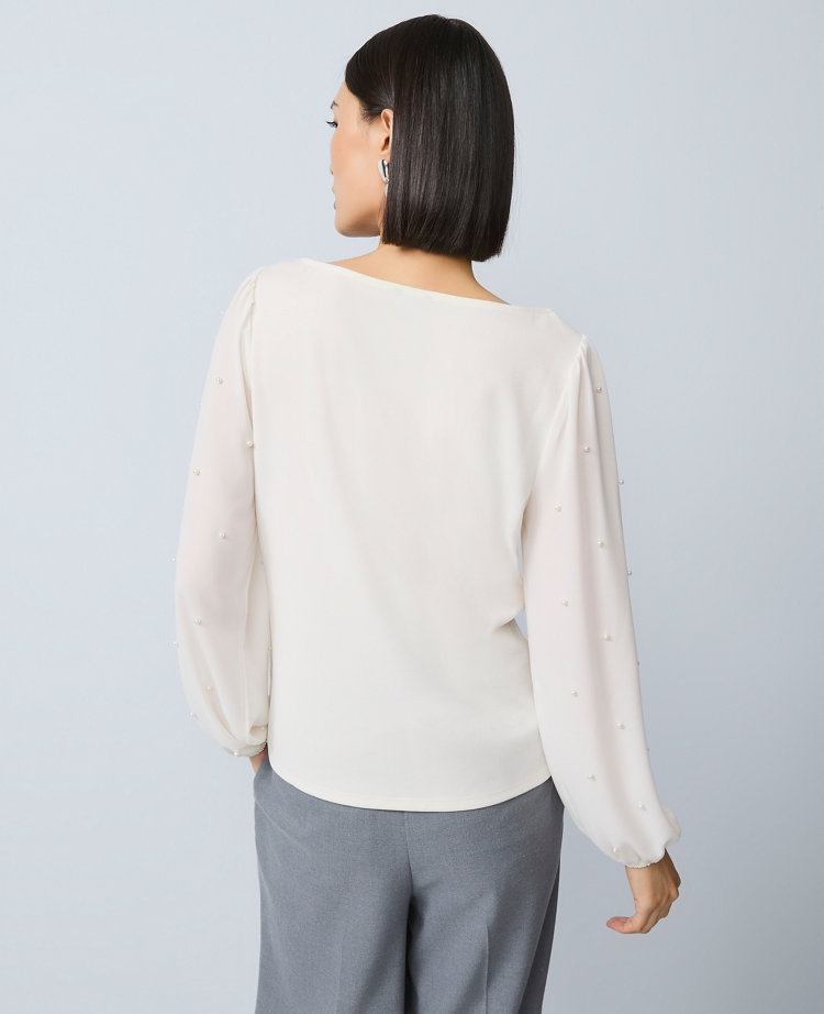 Petite Mixed Media Embellished-Sleeve Top