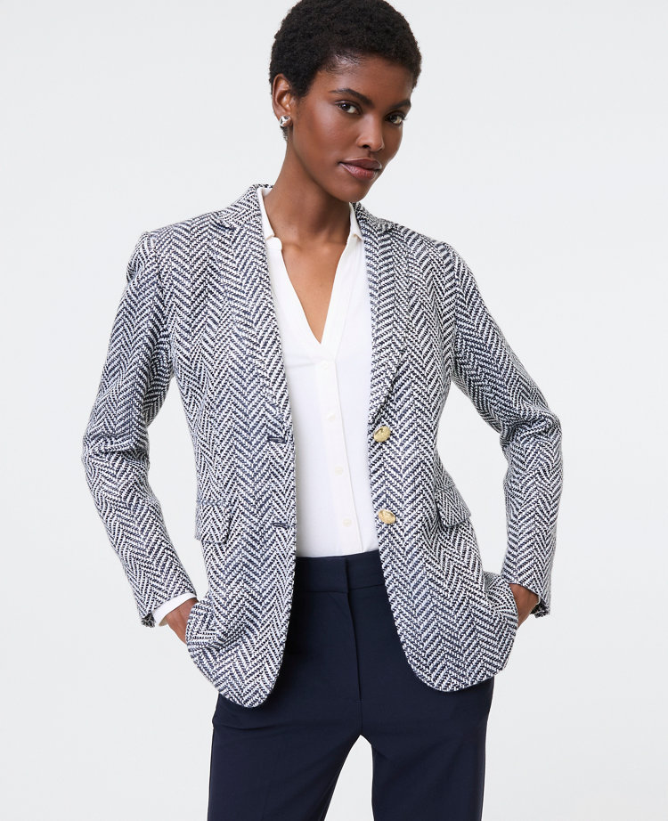 Ann Taylor The Petite Greenwich Blazer Herringbone Tweed Speckled Navy/White Women's