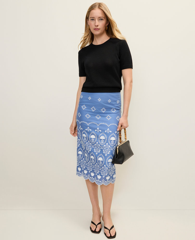 Ann Taylor Embroidered Midi Pencil Skirt Ocean Oasis Women's