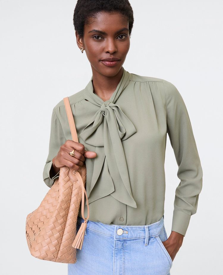 Ann Taylor Bow Blouse Dried Moss Women's